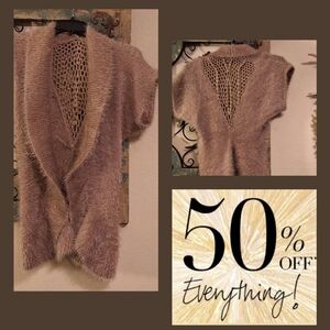 Lily Women's Cardigan with Open Knit Back in Tan Excellent Condition NWOT Size L